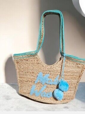 No Boundaries Straw Beach Tote with Turquoise Trim and Pom Poms